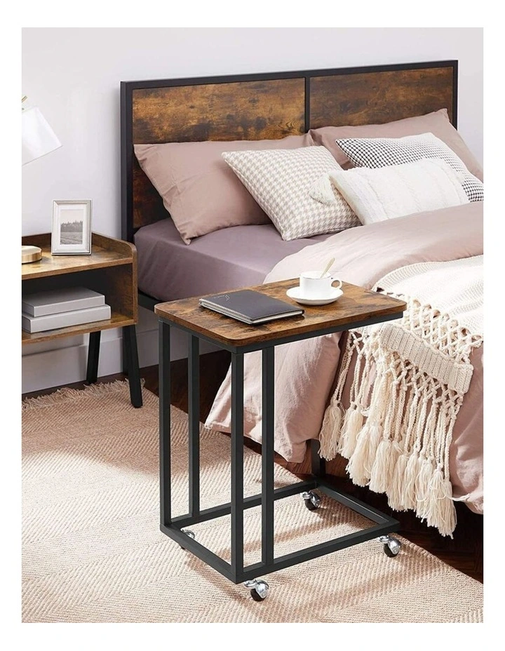 Side Table with Steel Frame and Castors in Rustic Brown/Black