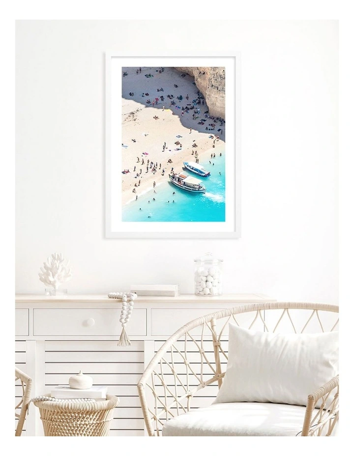 Australian Made Beach Boat Visit Art Print A2 in White Frame