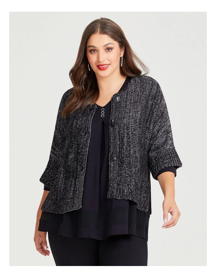 Wool Mix Lurex Button Cardigan in Black/Gunmetal
