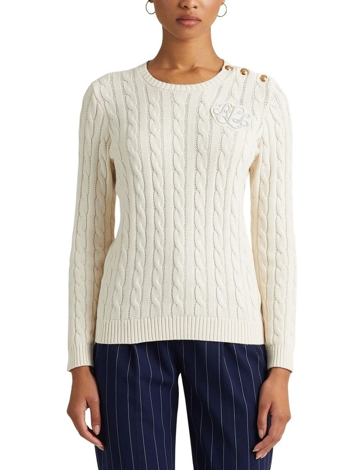 Button Trim Cable Knit Sweater in Beige