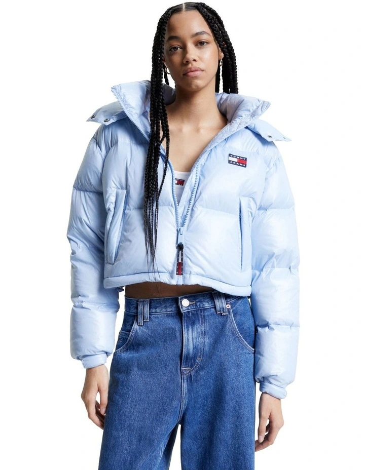 Recycled Cropped Down Alaska Puffer Jacket in Blue