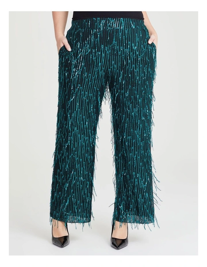 Fringe Sequin Cocktail Pant in Teal/Black