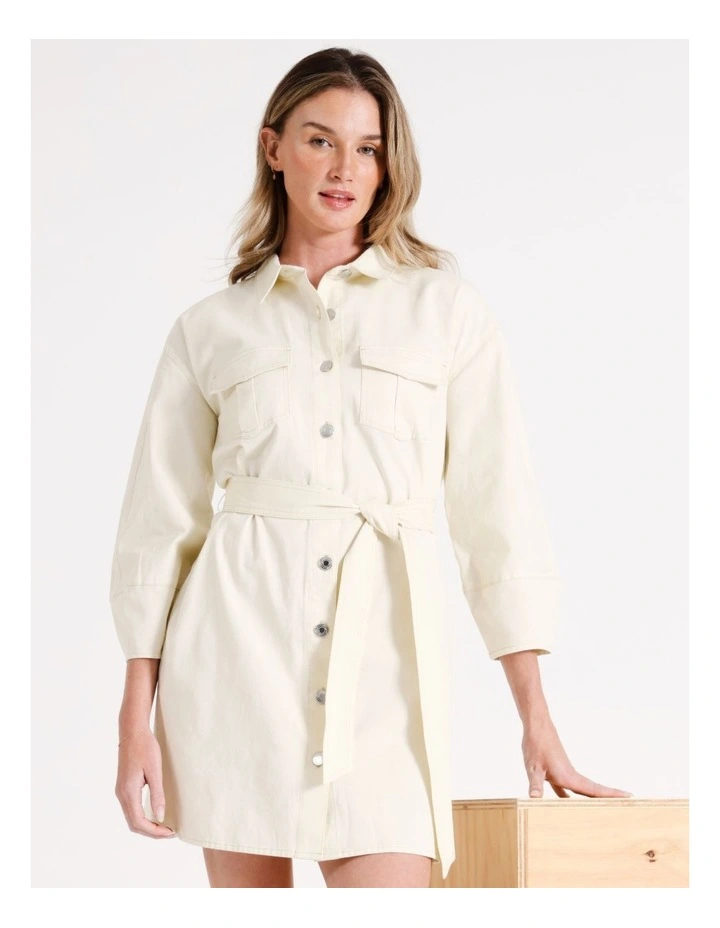 Lantern Sleeve Belted Denim Dress in Cream