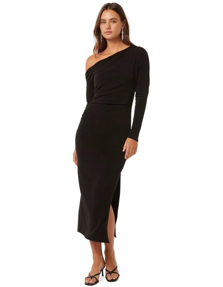 Alex Tipped Shoulder Long Sleeves Midi Dress in Black