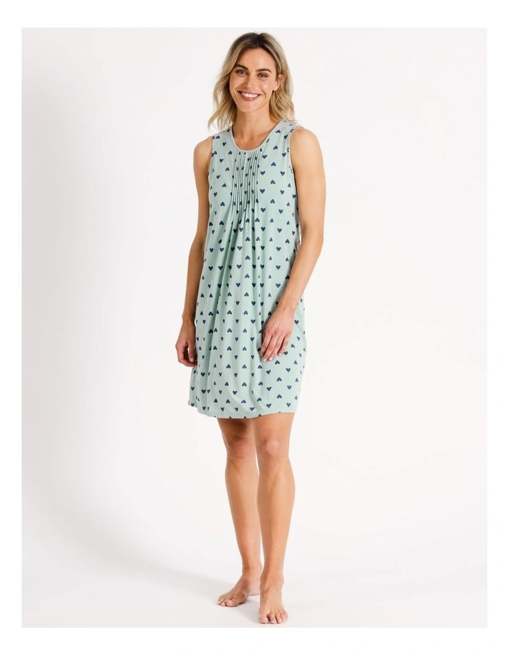 Poly Viscose Elastane Sleeveless Nightie in Green Hearts