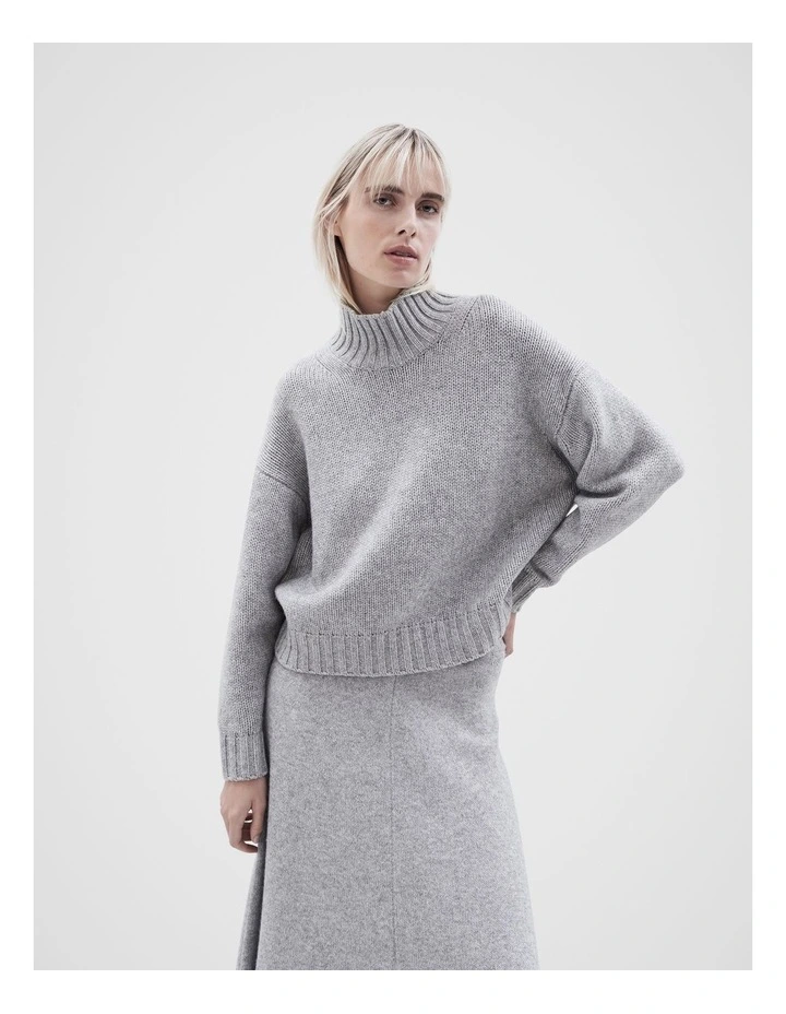 High Neck Knit Jumper in Grey Marle