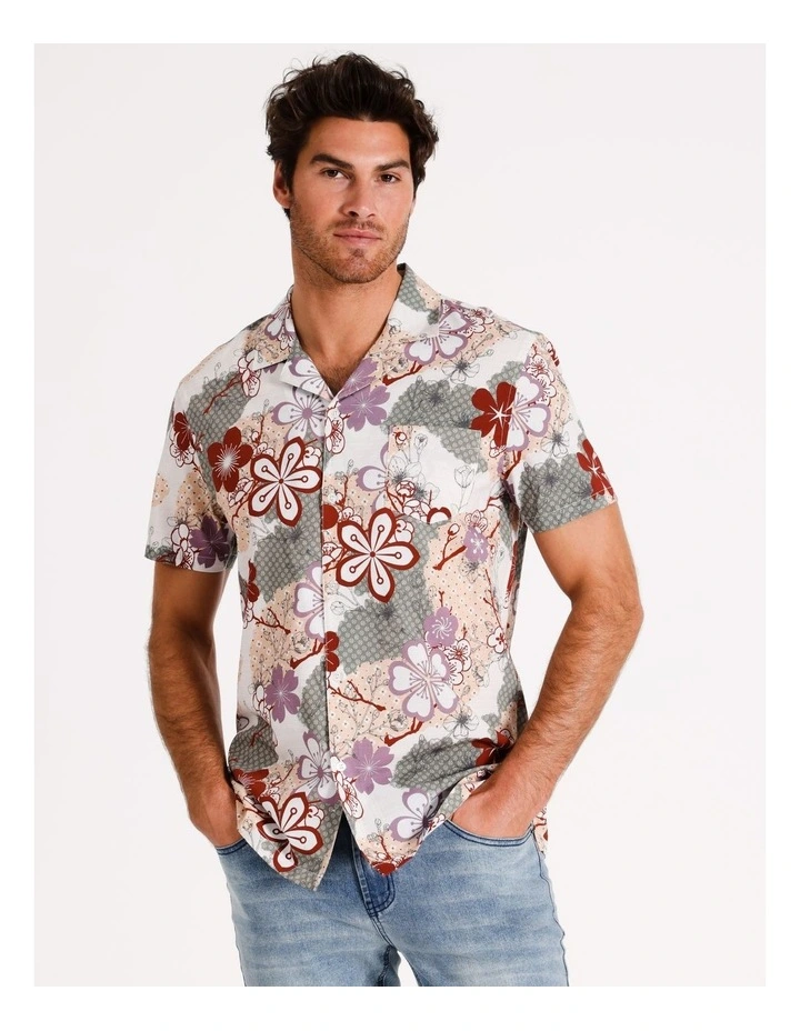 Sakura Floral Print Short Sleeve Resort Shirt in Beige