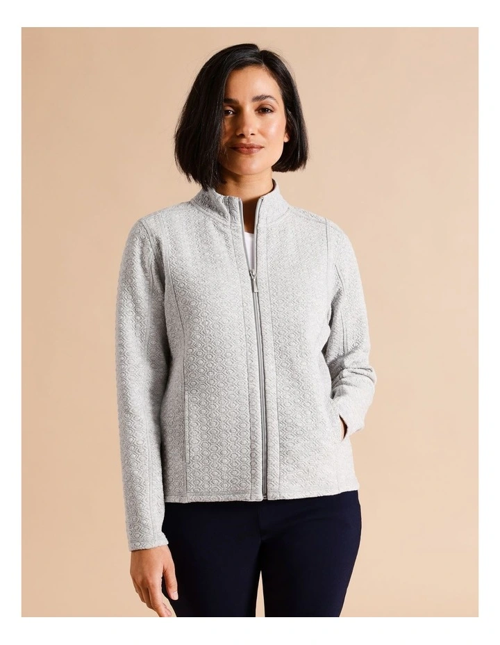 Recycled Polyester Blend Zip Thru Honeycomb Jacquard Sweat Top In Grey Marle