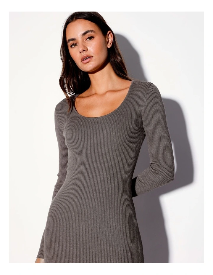 Eco Blend Scoop Neck Long Sleeve Knit Midi Dress in Brown