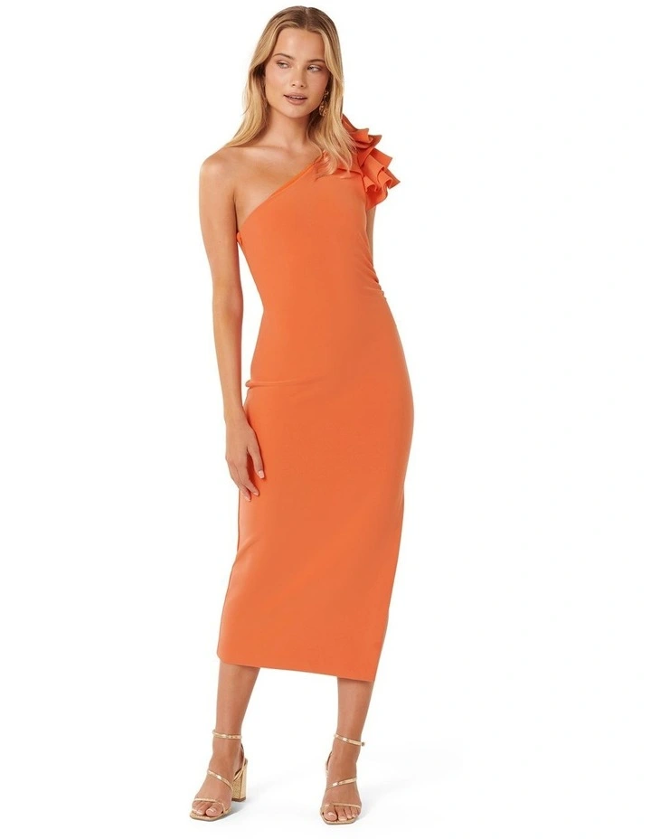 Celeste One Shoulder Ruffle Bodycon Dress in Orange