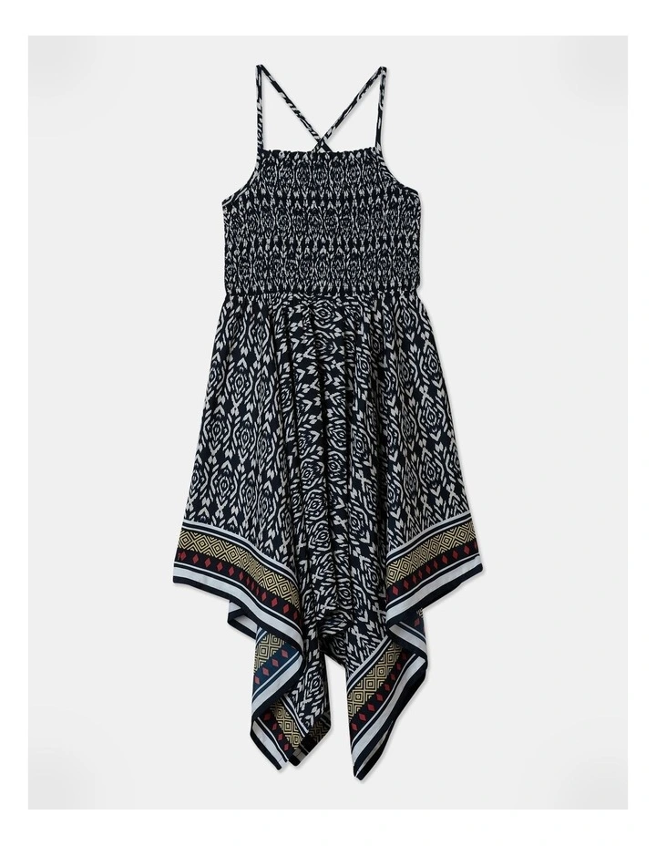 Woven Hanky Hem Dress in Navy