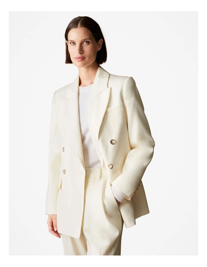 Wool Blend Twill Double Breasted Blazer in Parchment