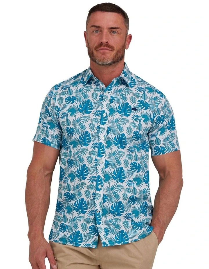 Tropical Bloom Cotton Polin Short Sleeve Shirt in Green