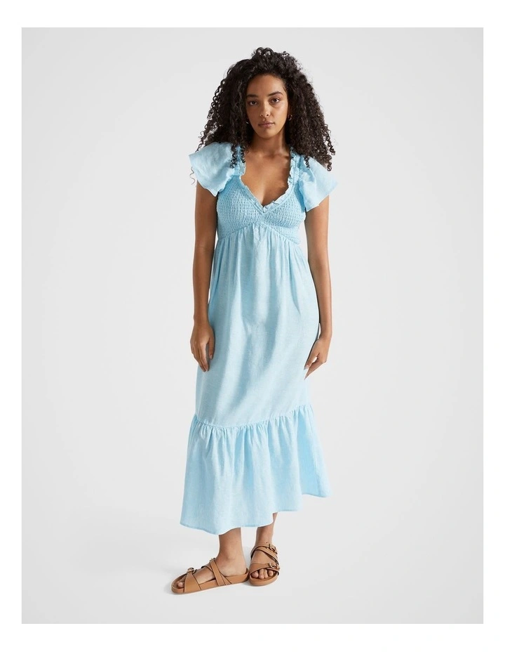 Linen Frill Sleeve Dress in Shimmer Blue Cross Dye