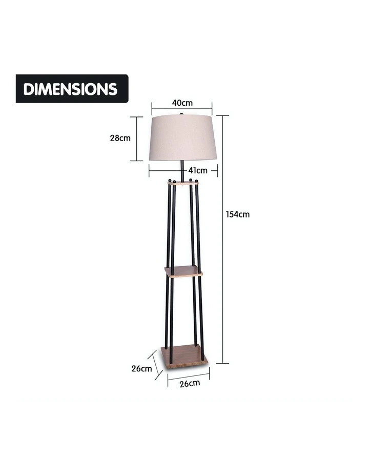 Metal Etagere Floor Lamp With Wood Shelf Light Cream Linen Fabric Shade