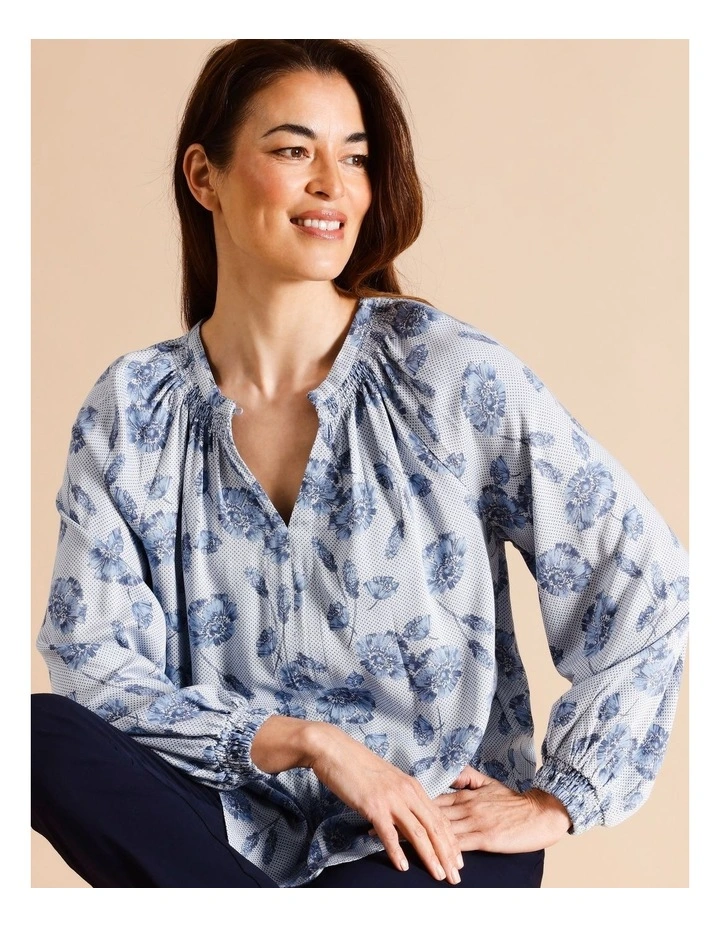 Long Sleeve Shirred Neck Top In Blue Tonal Floral