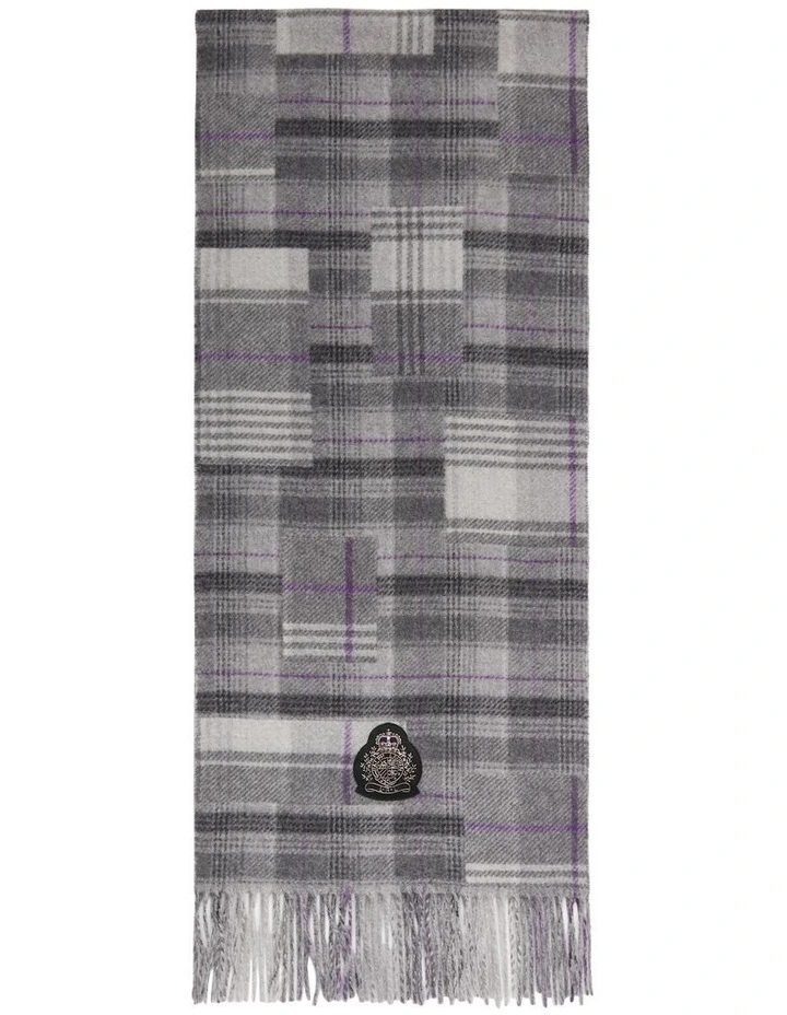 Mixed-Plaid Crest-Patch Wool-Blend Scarf in Grey