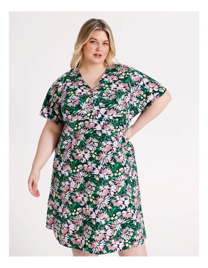 European Linen Blend V Neck Short Sleeve Dress in Green/pinks Floral Print
