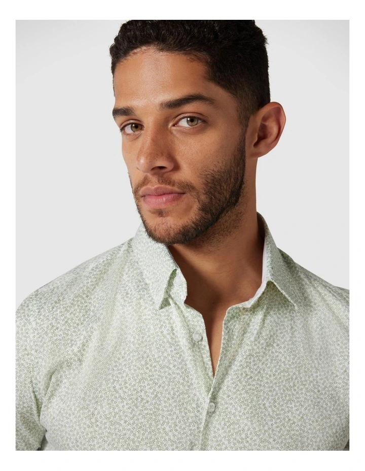 Long Sleeve Floral Print Dress Shirt in White/Khaki