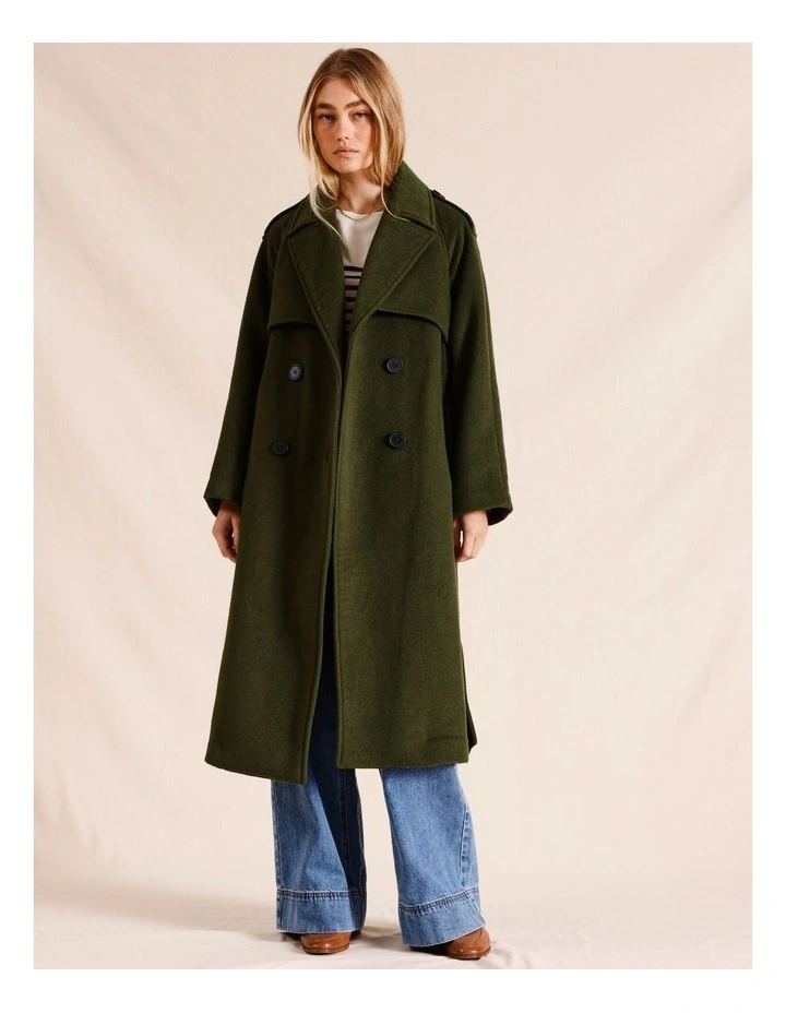 Double Breasted Tie Front Heavy Coat in Khaki
