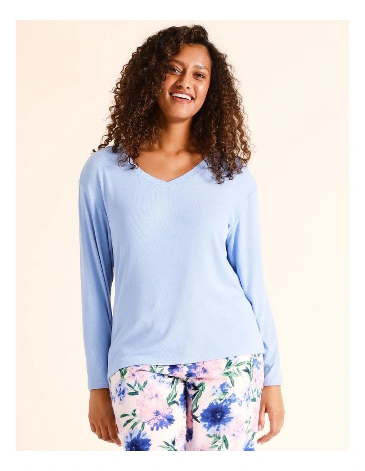 Rib Long Sleeve Top in Light Blue