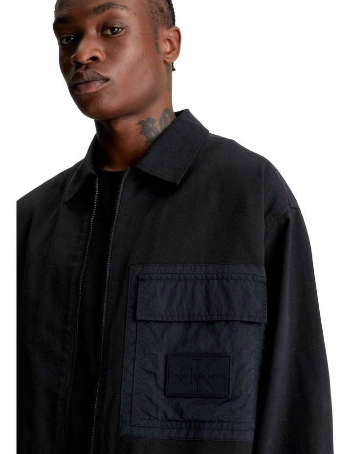 Mix Media Zip Through Overshirt in Black
