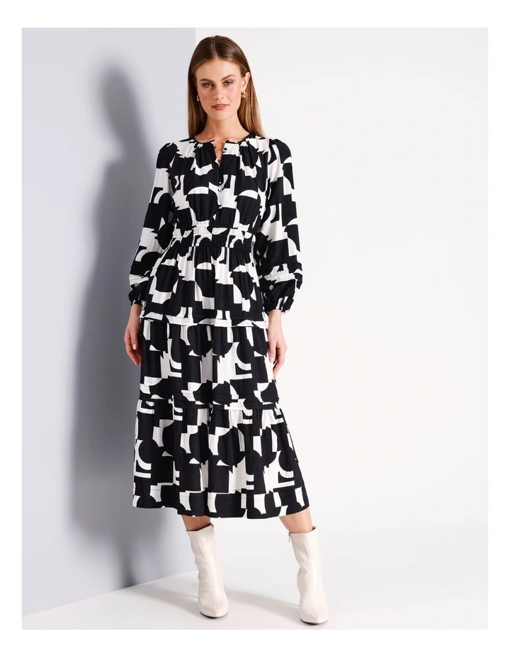Long Sleeve Pintuck Midi Dress in Black/White