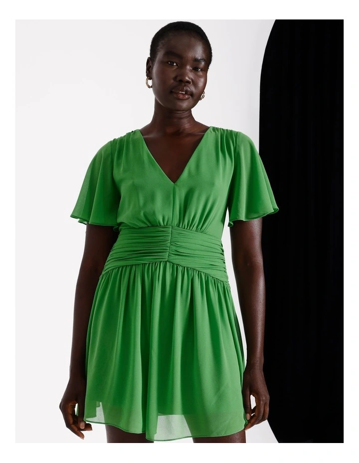 Vneck Flutter Sleeve Mini Dress in Green