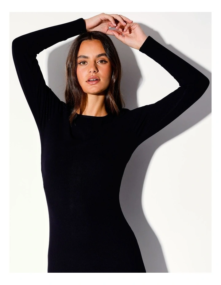 Eco Blend Long Sleeve Crew Neck Rib Midi Dress in Black