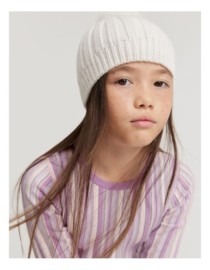 Organically Grown Cotton Blend Pom Pom Rib Beanie in Marshmallow