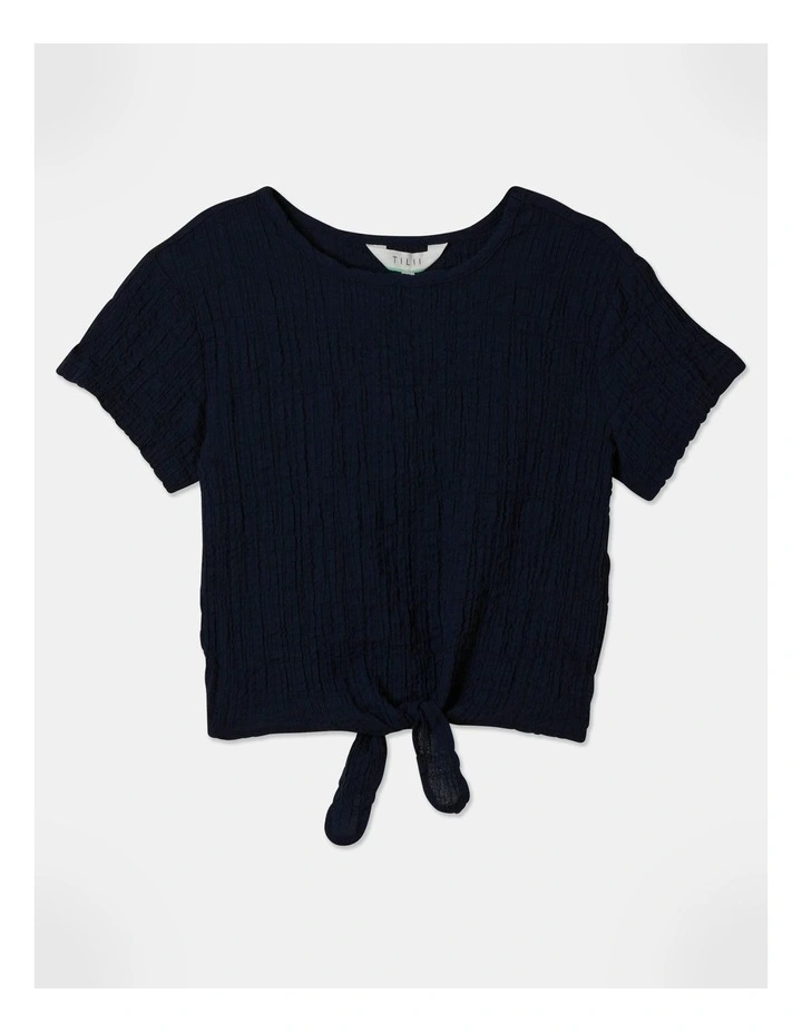 Textured Tie Front Tee in Navy
