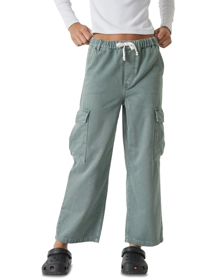 Denim Pull On Cargo Jean in Hunter Green