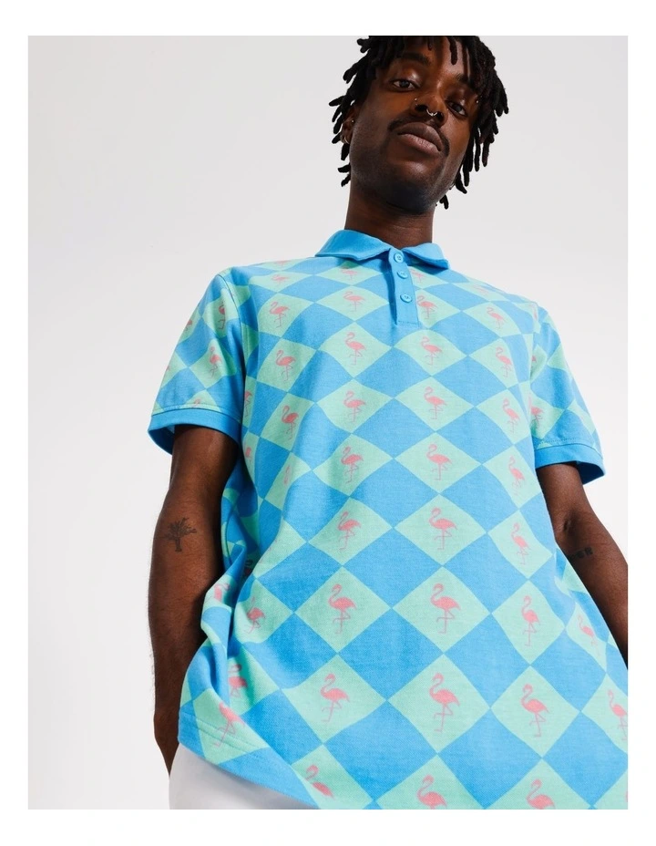 Birdie Print Pique Short Sleeve Polo in Blue
