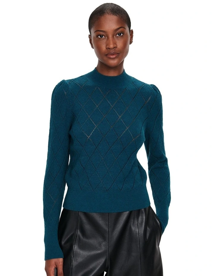 Diamond Pattern Puff Sleeve Knit Top in Teal