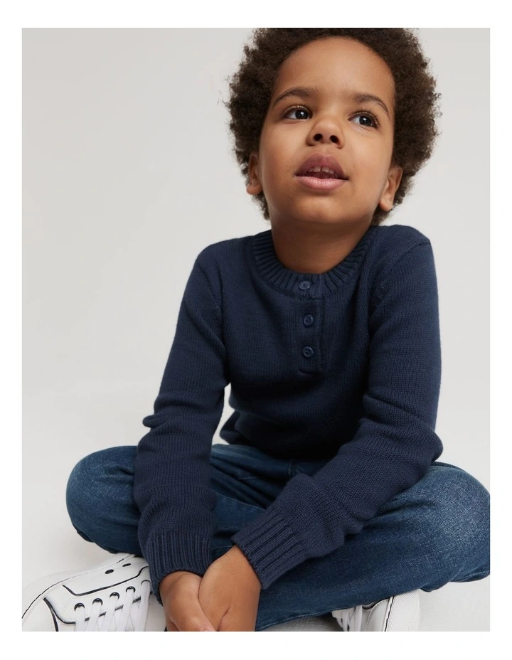 Organically Grown Cotton Blend Henley Knit in Navy