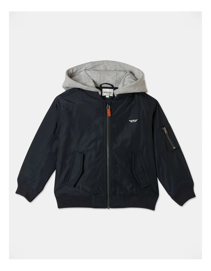 Woven Bomber Jacket With Hoodie in Navy