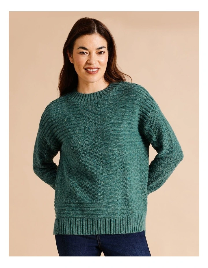 Patchwork Jumper With Straight Hem In Green Fleck