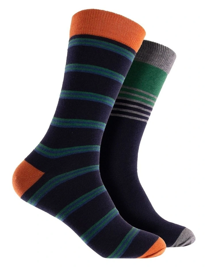 Stripe Wool Crew Socks 2 Pack in Navy