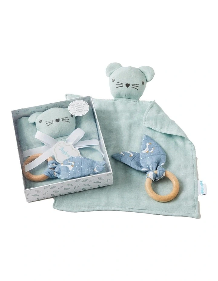 Double Muslin Comforter/Wooden Teething Ring in Blue