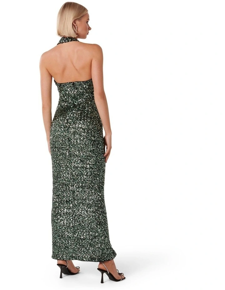 Brooke Sequin Halter Neck Gown in Green