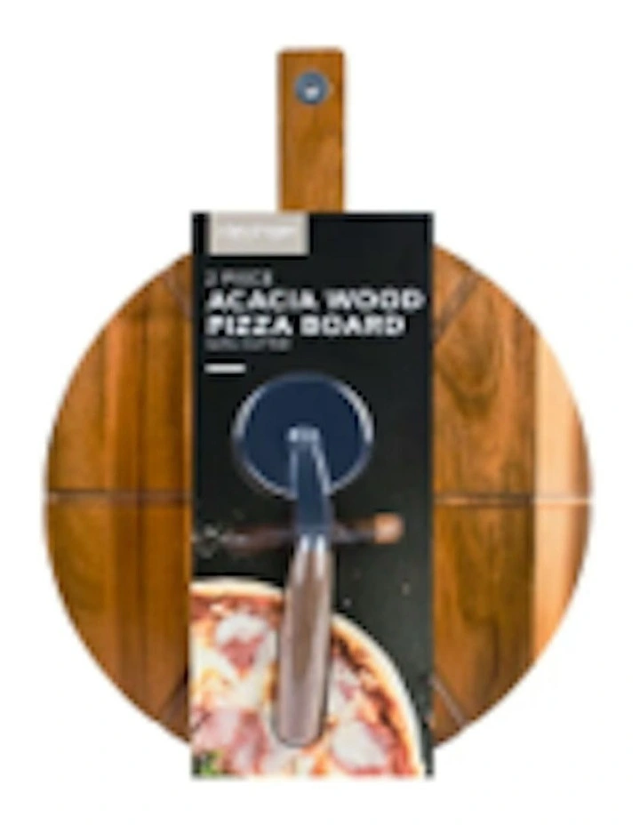 Acacia Wood Pizza Board with Cutter 2 Piece in Brown