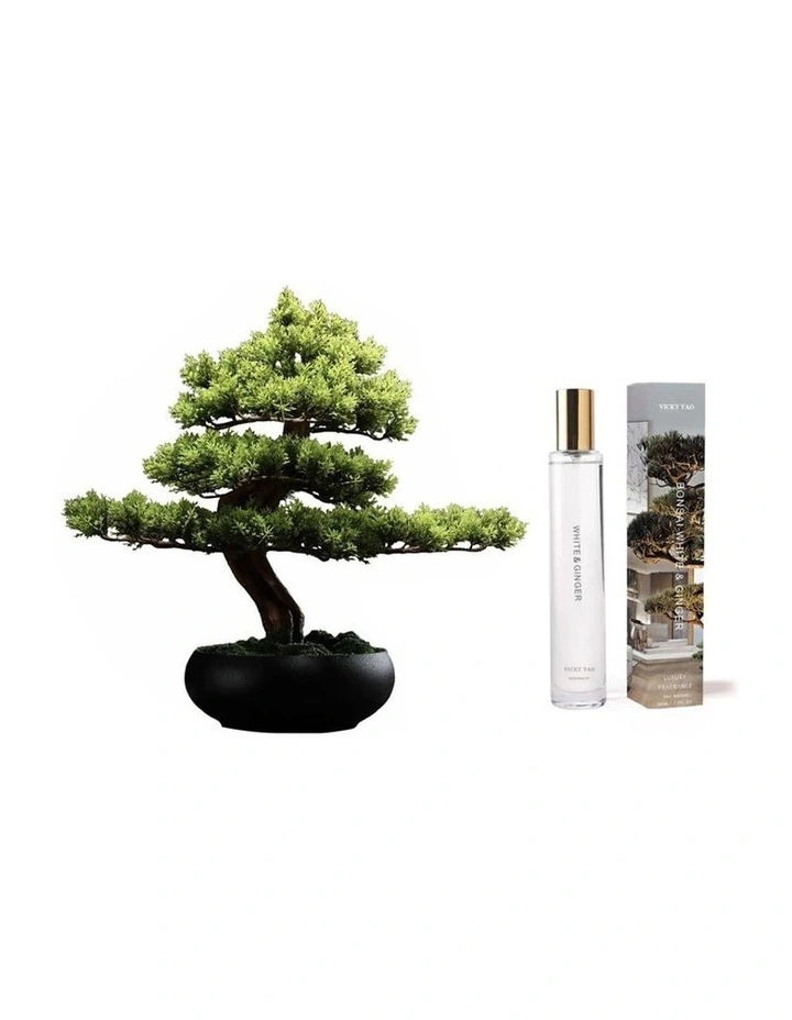 Artificial Juniper Bonsai Tree Ceramic Pot in Green & White Ginger Fragrance