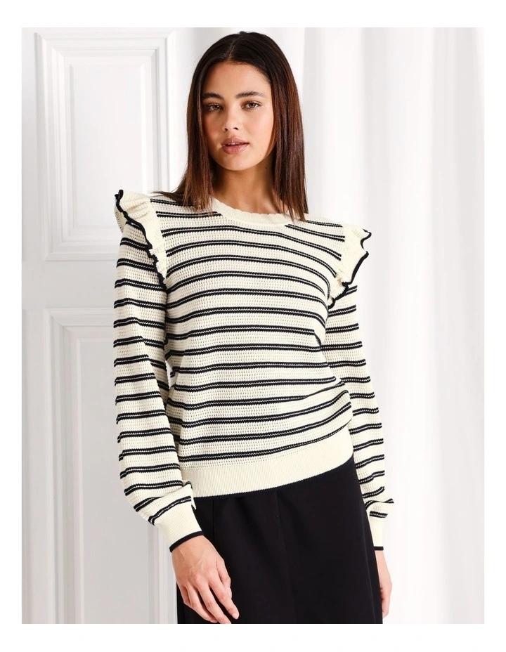 Frill Shoulder Striped Knit Jumper in White