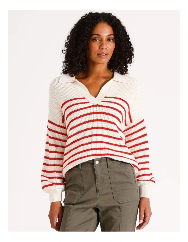Organic Collared Striped Jumper in Raspberry