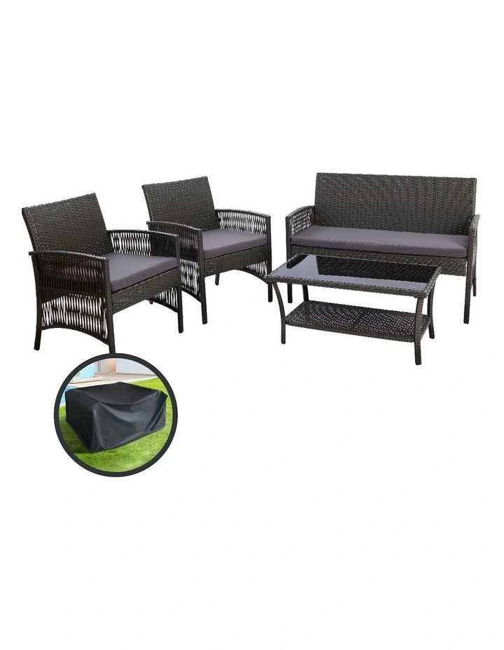 Outdoor Sofa Set 4PCS with Storage Cover Wicker Harp Chair Table in Grey