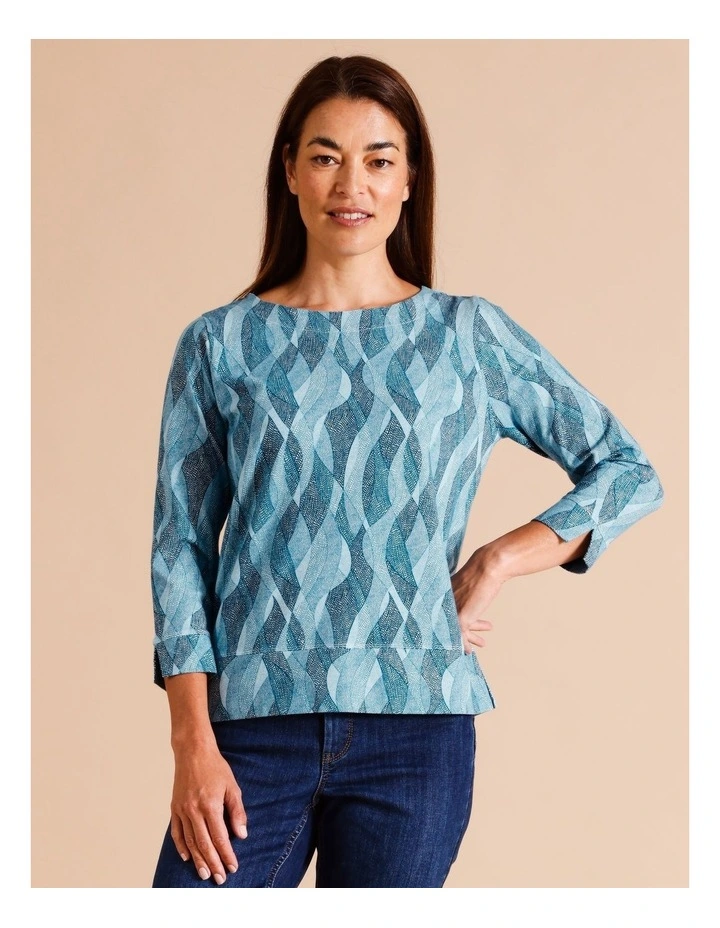 Organic Cotton Cowl Neck 3/4 Sleeve Tee In Teals Twist Mini Pebble Print