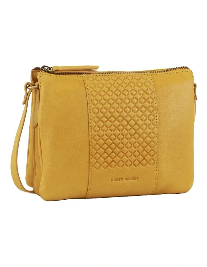Diamond Pattern Embossed Leather Crossbody Bag in Mustard