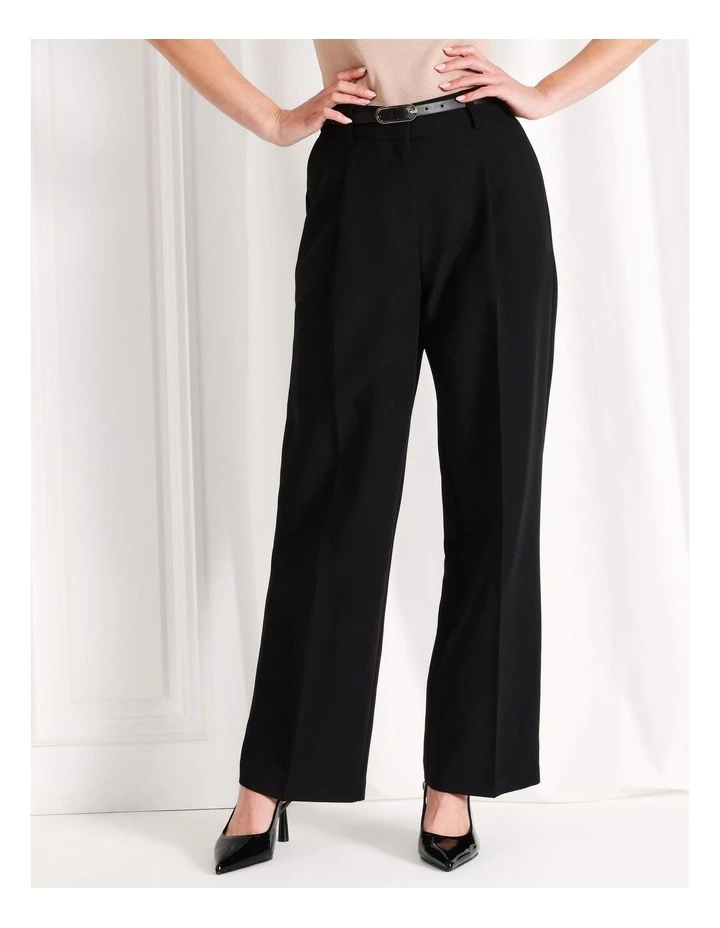 Recycled Blend Pleat Front Wide Leg Pant With Belt in Black
