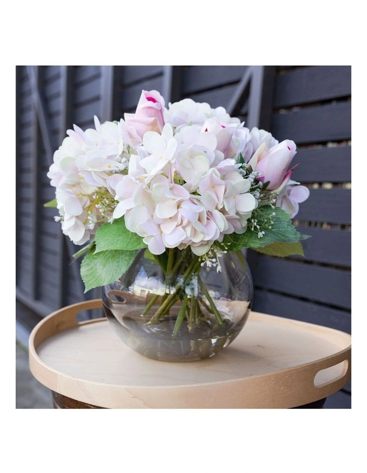 Hydrangea Arrangement in Fish Bowl Artificial Flower Plant Decor 28cm in Multi