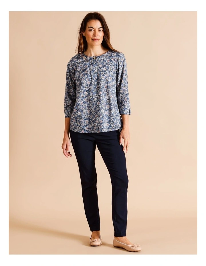 Organic Cotton 3/4 Sleeve Swing Top Button Neck in Blue Paisley Print